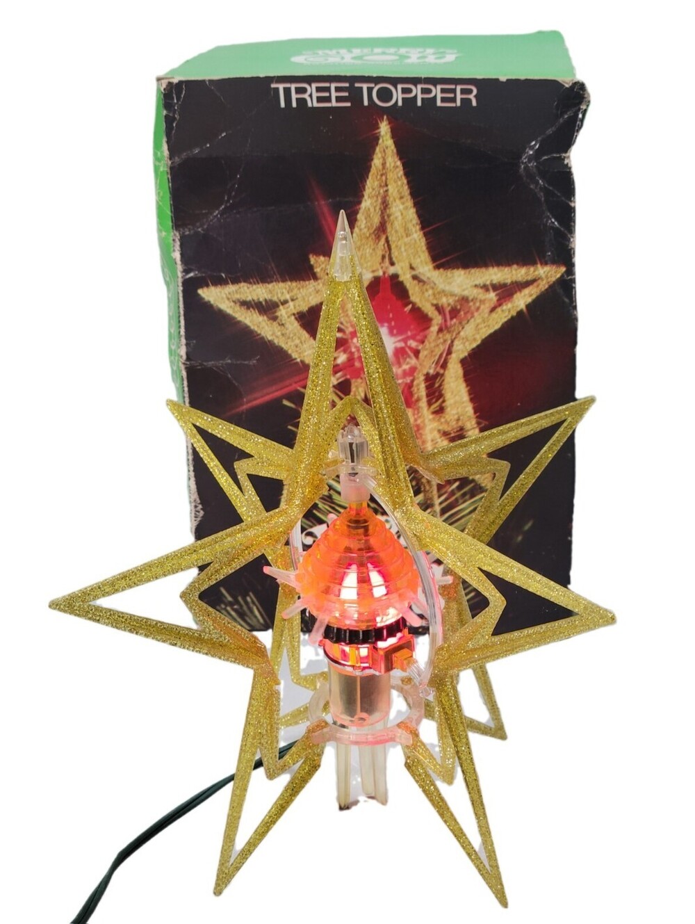 Merry Glow Spinning Rotating motion STAR Sputnik Christmas TREE TOPPER - Gold